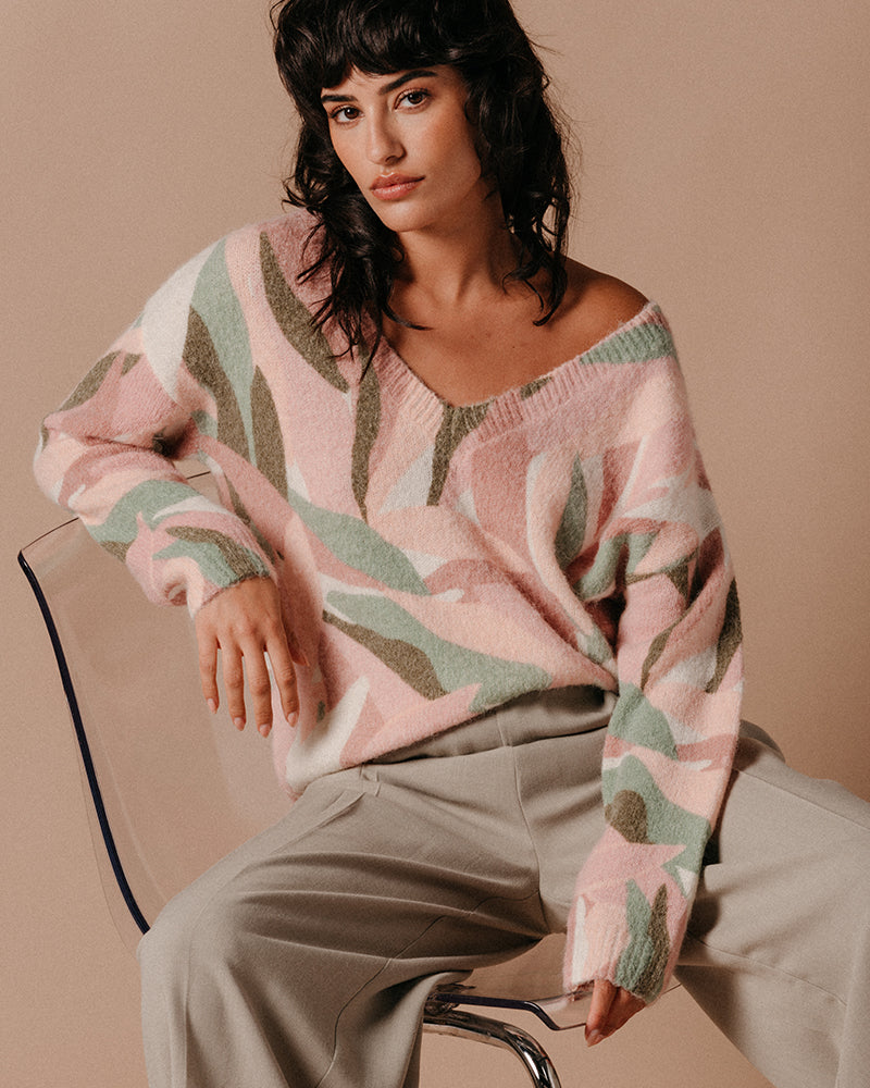 Grace & Mila LAEL pink v-neck printed sweater